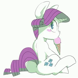 Size: 4000x4000 | Tagged: safe, artist:baigak, derpibooru import, rarity, pony, unicorn, blush sticker, blushing, butt, eating, female, food, ice cream, ice cream cone, image, jpeg, looking at you, looking back, looking back at you, mare, plot, rearity, simple background, sitting, solo, white background
