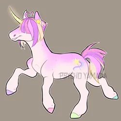 Size: 2000x2000 | Tagged: safe, artist:toshitoki, derpibooru import, oc, unofficial characters only, pony, unicorn, brown background, colored hooves, commission, curved horn, glow, glowing horn, hair over eyes, hooves, horn, image, multicolored hooves, png, raised hoof, raised leg, simple background, solo, tail