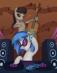 Size: 2688x3480 | Tagged: safe, artist:yankaze, derpibooru import, octavia melody, vinyl scratch, earth pony, pony, unicorn, cello, duo, female, image, mare, musical instrument, png, smiling, speaker, turntable