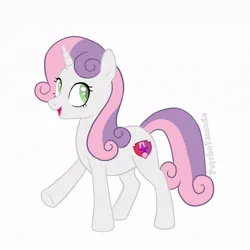 Size: 1100x1100 | Tagged: safe, artist:toshitoki, derpibooru import, sweetie belle, pony, unicorn, female, g4, horn, image, jpeg, looking back, mare, older, older sweetie belle, open mouth, open smile, raised hoof, signature, simple background, smiling, solo, tail, white background