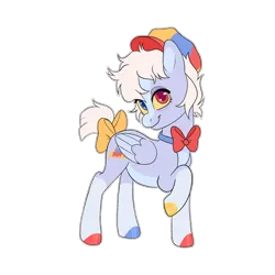 Size: 1500x1500 | Tagged: safe, artist:toshitoki, derpibooru import, oc, oc:choo choo, unofficial characters only, pegasus, pony, blaze (coat marking), blue eyes, bow, bowtie, closed mouth, coat markings, colored hooves, colored sclera, colored wings, colored wingtips, facial markings, folded wings, hat, hooves, image, looking at you, mismatched hooves, multicolored hooves, neck bow, pale belly, pegasus oc, png, raised hoof, red eyes, short tail, simple background, smiling, smiling at you, socks (coat marking), solo, tail, tail bow, transparent background, turned head, wings, yellow sclera