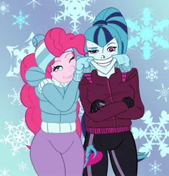 Size: 842x878 | Tagged: safe, derpibooru import, pinkie pie, sonata dusk, clothes, female, g4, image, jpeg, lesbian, piñata, shipping, when she doesn't smile, winter outfit