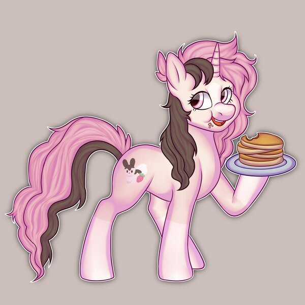 Size: 2000x2000 | Tagged: safe, artist:toshitoki, derpibooru import, oc, unofficial characters only, pony, unicorn, commission, crumbs, eating, female, food, horn, image, jpeg, looking back, mare, open mouth, open smile, pancakes, plate, raised hoof, simple background, smiling, solo, tail, unicorn oc