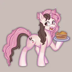 Size: 2000x2000 | Tagged: safe, artist:toshitoki, derpibooru import, oc, unofficial characters only, pony, unicorn, commission, crumbs, eating, female, food, horn, image, jpeg, looking back, mare, open mouth, open smile, pancakes, plate, raised hoof, simple background, smiling, solo, tail, unicorn oc