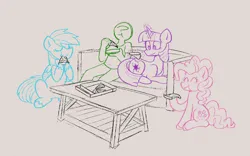 Size: 1120x700 | Tagged: safe, artist:blex, derpibooru import, pinkie pie, rainbow dash, twilight sparkle, oc, oc:anon, earth pony, human, pegasus, pony, unicorn, beige background, coffee table, colored lineart, couch, digital art, doodle, eating, eyes closed, folded wings, food, image, lineart, lying down, magic, magic aura, pizza, pizza box, png, simple background, sitting, sitting on floor, table, telekinesis, unshorn fetlocks, wings