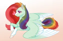 Size: 2355x1543 | Tagged: safe, artist:kefirvorob, derpibooru import, butterfly, insect, pegasus, pony, blushing, coat markings, facial markings, female, fusion, fusion:fluttershy, fusion:rainbow dash, image, insect on nose, lying down, mare, png, prone, simple background, solo, star (coat marking)