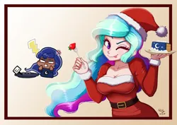 Size: 1414x1000 | Tagged: safe, artist:the-park, ponerpics import, ponybooru import, princess celestia, princess luna, human, breasts, busty princess celestia, cake, cake theft, cakelestia, chibi, christmas, cleavage, clothes, costume, cross-popping veins, duo, emanata, female, food, fork, hat, holiday, humanized, image, light skin, looking at you, moderate dark skin, one eye closed, png, santa costume, santa hat, siblings, sisters, smiling, smiling at you, strawberry, tongue out, wink, winking at you