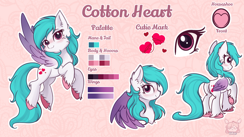 Size: 3840x2160 | Tagged: safe, derpibooru import, oc, oc:cotton heart, unofficial characters only, pegasus, pony, chest fluff, cottonheart, cutie mark, ear fluff, eyelashes, floppy ears, image, pegasus oc, png, profile, raised hoof, reference sheet, spread wings, wings
