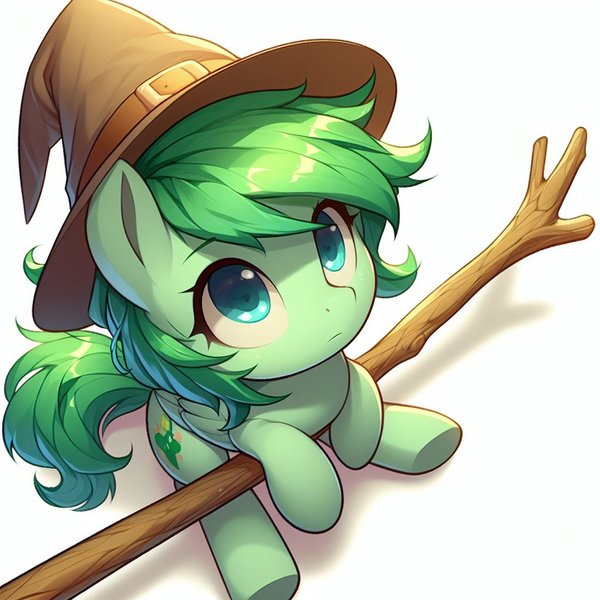 Size: 1024x1024 | Tagged: safe, ai content, derpibooru import, machine learning generated, oc, oc:limeade, pony, female, filly, foal, generator:dall-e 3, hat, image, looking up, png, stick, witch hat