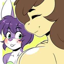 Size: 1500x1500 | Tagged: suggestive, artist:kloudmutt, derpibooru import, oc, unofficial characters only, anthro, earth pony, rabbit, animal, breasts, clothes, commission, digital art, duo, duo female, earth pony oc, eyes closed, female, furry, furry oc, girl staring at guy's chest, image, leotard, meme, png, side view, sideboob, tail, thighs, wide hips