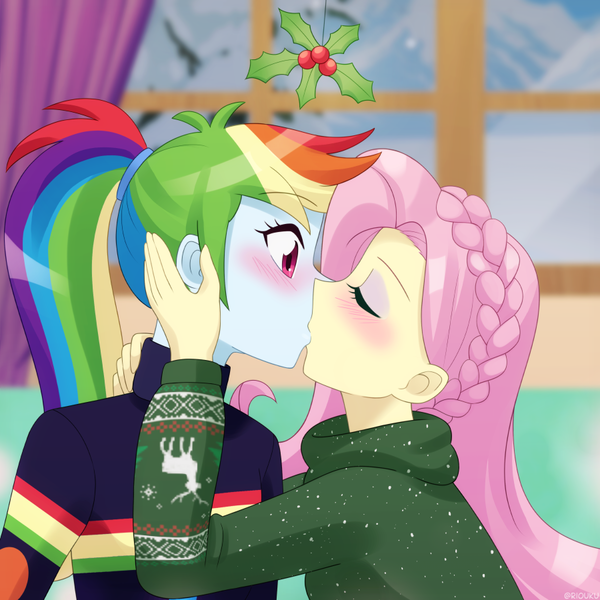 Size: 900x900 | Tagged: safe, artist:riouku, derpibooru import, fluttershy, rainbow dash, human, equestria girls, 2d, alternate hairstyle, blushing, braid, christmas, christmas sweater, clothes, commission, duo, eyes closed, eyeshadow, female, flutterdash, holiday, holly, holly mistaken for mistletoe, image, indoors, kissing, lesbian, long sleeves, makeup, mistletoe, png, ponytail, shipping, snow, sweater, sweatershy, window