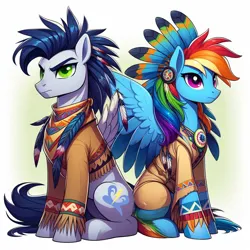 Size: 1024x1024 | Tagged: safe, ai content, derpibooru import, machine learning generated, prompter:*rainbow dash*, rainbow dash, soarin', pegasus, pony, female, g4, generator:bing image creator, headdress, image, male, mare, native american, png, shipping, soarindash, spread wings, stallion, straight, wings