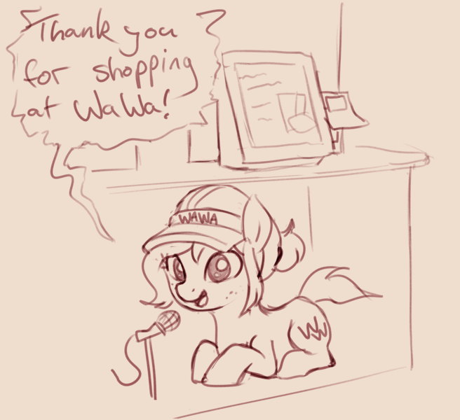 Size: 3000x2743 | Tagged: safe, artist:crade, oc, oc:wah wah, pony, announcer, computer, counter, cutie mark, fast food restaurant, female, hair bun, happy, hat, image, lineart, mane bun, mare, microphone, monochrome, open mouth, png, ponyloaf, restaurant, talking, thank you, thanking, under desk, visor, visor cap, wawa