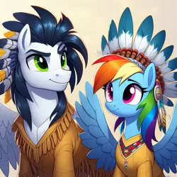 Size: 1024x1024 | Tagged: safe, ai content, derpibooru import, prompter:*rainbow dash*, rainbow dash, soarin', cultural appropriation, female, generator:bing image creator, headdress, image, male, native american, png, shipping, soarindash, spread wings, straight, wings