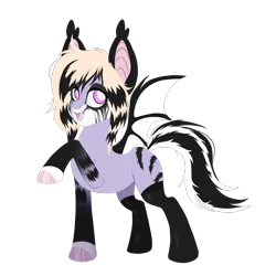 Size: 2000x2000 | Tagged: safe, artist:toshitoki, derpibooru import, oc, oc:evelynn, unofficial characters only, bat pony, hybrid, pony, skunk, clothes, colored hooves, emo, fangs, female, image, makeup, mare, open mouth, open smile, png, raised hoof, running makeup, simple background, smiling, socks, solo, spread wings, stockings, tail, thigh highs, transparent background, wings