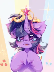 Size: 1919x2560 | Tagged: safe, artist:vanilla-chan, artist:vanilla_sweety, derpibooru import, twilight sparkle, pony, unicorn, applejack's cutie mark, big crown thingy, cute, element of magic, eye clipping through hair, eyebrows, eyebrows visible through hair, female, g4, high res, hooves together, horn, image, jewelry, jpeg, looking at you, mare, pinkie pie's cutie mark, rainbow dash's cutie mark, rarity's cutie mark, regalia, smiling, smiling at you, solo, sparkles, sparkly eyes, twiabetes, unicorn twilight, wingding eyes