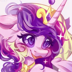 Size: 2560x2560 | Tagged: safe, artist:vanilla-chan, artist:vanilla_sweety, derpibooru import, princess cadance, alicorn, pony, blushing, bust, crown, cute, cutedance, ear fluff, eyebrows, eyebrows visible through hair, female, g4, high res, horn, image, jewelry, jpeg, mare, open mouth, open smile, regalia, simple background, smiling, solo, sparkles, white background, wings