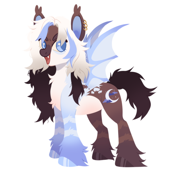 Size: 1478x1426 | Tagged: safe, artist:toshitoki, derpibooru import, oc, unofficial characters only, bat pony, bat pony oc, bat wings, ear piercing, earring, fangs, hooves, image, jewelry, looking at you, messy mane, multicolored hooves, open mouth, open smile, piercing, png, simple background, smiling, solo, spread wings, tail, transparent background, unshorn fetlocks, wings