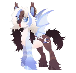 Size: 1478x1426 | Tagged: safe, artist:toshitoki, derpibooru import, oc, unofficial characters only, bat pony, bat pony oc, bat wings, ear piercing, earring, fangs, hooves, image, jewelry, looking at you, messy mane, multicolored hooves, open mouth, open smile, piercing, png, simple background, smiling, solo, spread wings, tail, transparent background, unshorn fetlocks, wings