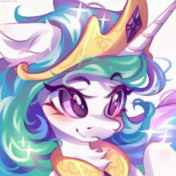 Size: 2560x2560 | Tagged: safe, artist:vanilla-chan, artist:vanilla_sweety, derpibooru import, princess celestia, alicorn, pony, blushing, bust, chest fluff, crown, cute, cutelestia, ear fluff, eyebrows, eyebrows visible through hair, female, g4, high res, horn, image, jewelry, jpeg, mare, peytral, regalia, simple background, smiling, solo, sparkles, white background