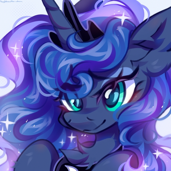 Size: 2560x2560 | Tagged: safe, artist:vanilla-chan, artist:vanilla_sweety, derpibooru import, princess luna, alicorn, pony, blushing, chest fluff, crown, cute, ear fluff, eye clipping through hair, eyebrows, eyebrows visible through hair, female, g4, high res, horn, image, jewelry, jpeg, lunabetes, mare, regalia, simple background, smiling, solo, sparkles, white background
