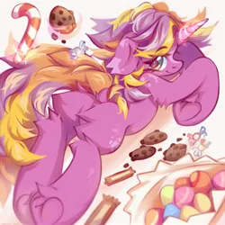 Size: 2159x2160 | Tagged: safe, artist:vanilla-chan, artist:vanilla_sweety, derpibooru import, oc, oc:somber sorbet, unofficial characters only, pony, unicorn, butt, candy, candy cane, cookie, eye clipping through hair, eyebrows, eyebrows visible through hair, female, food, frog (hoof), glow, glowing horn, high res, hoofbutt, horn, image, jpeg, levitation, looking at you, looking back, looking back at you, lying down, magic, magic aura, mare, plot, prone, smiling, smiling at you, solo, sparkles, telekinesis, underhoof, unicorn oc