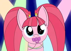 Size: 2074x1494 | Tagged: safe, artist:polynya, pacific glow, earth pony, pony, bust, cute, female, glowbetes, hair tie, image, jewelry, looking at you, mare, necklace, pacifier, pigtails, png, portrait, rave, solo