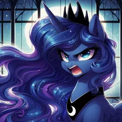 Size: 1024x1024 | Tagged: safe, ai content, machine learning generated, prompter:dinkeldash, princess luna, alicorn, pony, angry, beautiful, crown, ethereal mane, female, generator:bing image creator, image, jewelry, jpeg, long mane, mare, microsoft, moon, night, open mouth, peytral, regalia, solo, windows, wings, yelling