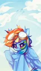 Size: 1195x2048 | Tagged: safe, artist:vanilla-chan, derpibooru import, rainbow dash, pegasus, pony, chest fluff, cloud, cute, dashabetes, eye clipping through hair, eyebrows, eyebrows visible through hair, female, g4, goggles, goggles on head, image, jpeg, looking at you, mare, sky, solo, wings