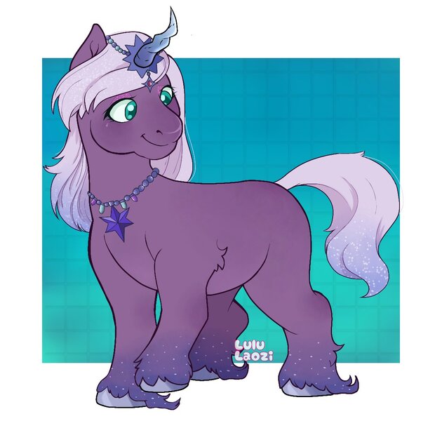 Size: 1165x1110 | Tagged: safe, artist:lululaozi, derpibooru import, pony, g5, my little pony: make your mark, auroricorn, chubby, female, horn, image, jewelry, jpeg, mare, my little pony: make your mark chapter 6, necklace, passepartout, secrets of starlight, signature, smiling, solo, tail, unshorn fetlocks, violet frost