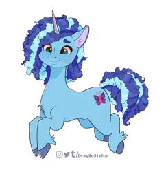 Size: 1039x1060 | Tagged: safe, artist:lululaozi, derpibooru import, pony, unicorn, g5, chest fluff, cornrows, female, freckles, horn, image, jpeg, looking at you, mare, misty brightdawn, signature, simple background, smiling, smiling at you, solo, unshorn fetlocks, white background
