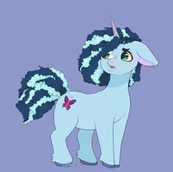 Size: 1066x1060 | Tagged: safe, artist:lululaozi, derpibooru import, pony, unicorn, g5, blue background, cornrows, female, floppy ears, horn, image, jpeg, mare, misty brightdawn, open mouth, simple background, solo, tail, unshorn fetlocks