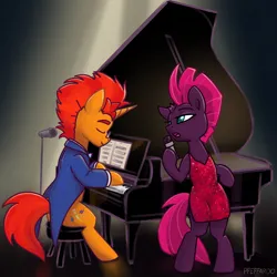 Size: 2048x2048 | Tagged: safe, artist:pfeffaroo, derpibooru import, fizzlepop berrytwist, tempest shadow, oc, oc:sunflare, unicorn, bipedal, canon x oc, clothes, dress, g4, glasses, image, microphone, music notes, musical instrument, piano, png, sequins, singing, stool, tuxedo