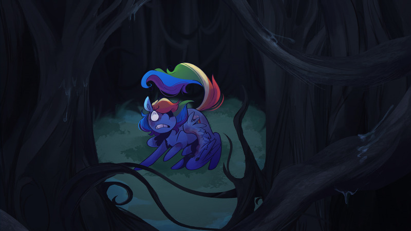 Size: 3840x2160 | Tagged: safe, artist:urbanqhoul, derpibooru import, rainbow dash, pegasus, pony, fanfic:an apple sleep experiment, broken wing, fanfic art, female, forest, image, jpeg, mare, nature, scared, solo, tree, wings