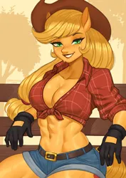 Size: 1754x2480 | Tagged: safe, artist:nire, derpibooru import, edit, editor:spookitty, applejack, anthro, abs, applejack's hat, boob freckles, breasts, busty applejack, chest freckles, cleavage, clothes, cowboy hat, denim, denim shorts, female, freckles, front knot midriff, g4, gloves, hat, image, looking at you, midriff, muscles, muscular female, png, shirt, shorts, smiling, smiling at you, solo, stupid sexy applejack, sweat