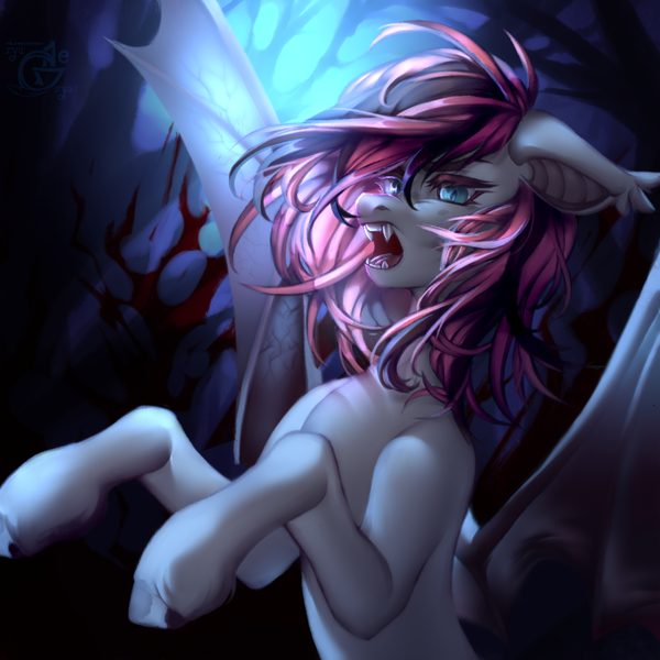 Size: 1200x1200 | Tagged: safe, artist:ryusya, derpibooru import, bat pony, vampire, vampire bat pony, female, forest, forest background, image, png, solo, spread wings, tree, wings