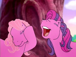 Size: 800x600 | Tagged: safe, derpibooru import, screencap, pinkie pie (g3), skywishes, earth pony, pony, friends are never far away, g3, covering ears, covering face, duo, hoof on head, image, out of context, outdoors, png, screaming, singing, tree