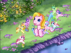 Size: 800x600 | Tagged: safe, derpibooru import, screencap, rarity (g3), tiddlywink, tra-la-la, zipzee, breezie, pony, unicorn, g3, the runaway rainbow, bush, flower, grass, image, lying down, outdoors, png, prone, river, sploot, unicornia, water