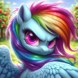 Size: 1024x1024 | Tagged: safe, ai content, derpibooru import, machine learning generated, rainbow dash, pegasus, pony, angry, apple, apple orchard, blurry background, female, food, frown, g4, generator:dall-e 3, glare, grass, if looks could kill, image, looking at you, looking back, looking back at you, mare, orchard, outdoors, png, prompter:tyto4tme4l, rainbow dash is not amused, sky, solo, spread wings, unamused, wings