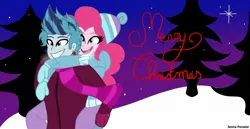 Size: 1920x989 | Tagged: safe, artist:jenna56, derpibooru import, pinkie pie, sonata dusk, human, equestria girls, breath, christmas, female, grin, half r63 shipping, holiday, image, jpeg, male, merry christmas, open mouth, open smile, rule 63, scherzo lesto, shipping, smiling, straight