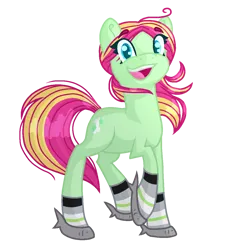 Size: 1200x1200 | Tagged: safe, artist:lindasaurie, derpibooru import, oc, oc:strawi dinosaur, unofficial characters only, earth pony, pony, derpibooru community collaboration, 2024 community collab, agender, agender pride flag, clothes, colored lineart, derpibooru exclusive, earth pony oc, eye clipping through hair, eyebrows, eyebrows visible through hair, happy, image, looking at you, open mouth, png, ponysona, ponytail, pride, pride flag, simple background, slippers, socks, solo, transparent background
