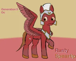 Size: 1677x1344 | Tagged: safe, anonymous artist, derpibooru import, oc, oc:rusty speartip, unofficial characters only, pegasus, pony, g5, description is relevant, free to use, helmet, image, male, png, raised hoof, royal guard, solo, stallion, text, unamused, wing out