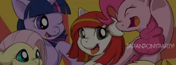 Size: 4000x1472 | Tagged: safe, artist:ingi, derpibooru import, fluttershy, pinkie pie, twilight sparkle, oc, oc:poniko, earth pony, pony, unicorn, bust, female, high res, image, mare, one eye closed, open mouth, open smile, png, smiling