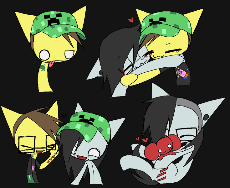 Size: 1280x1045 | Tagged: safe, artist:burnedmuffinz, derpibooru import, ponified, earth pony, pony, black background, clothes, clothes swap, creeper, cuddling, deadmau5, doodle sheet, duo, duo male, ear piercing, gay, glasses, hat, heart, image, lip piercing, male, nyan cat, piercing, png, shirt, simple background, skrillex, skrillmau5, skrillpony, snake bites, tattoo, tongue out, xd