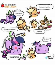 Size: 1722x2047 | Tagged: safe, artist:petaltwinkle, derpibooru import, applejack, spike, twilight sparkle, dragon, earth pony, pony, unicorn, friendship is magic, apple, apple fritter (food), belly, belly bed, belly on floor, big belly, cake, chest fluff, comic, cupcake, dialogue, drool, fat, female, food, g4, huge belly, image, impossibly large belly, jpeg, male, mare, parody, pie, riding, simple background, speech bubble, spike riding twilight, stuffed, tail, tail wrap, trio, twilard sparkle, unicorn twilight, white background