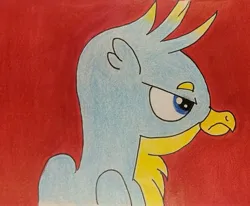 Size: 1731x1427 | Tagged: safe, artist:polar_storm, derpibooru import, gallus, gryphon, annoyed, blue eyes, bust, colored, g4, image, jpeg, red background, simple background, solo, traditional art