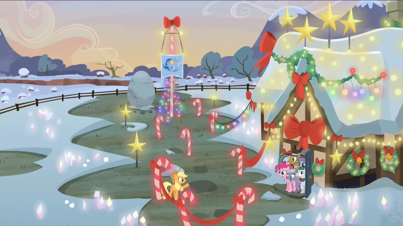 Size: 1333x750 | Tagged: safe, derpibooru import, edit, edited screencap, screencap, applejack, cloudy quartz, igneous rock pie, limestone pie, marble pie, pinkie pie, hearthbreakers, bell, bow, candy, candy cane, christmas, christmas decoration, christmas lights, christmas morning, decoration, female, flag of equestria, food, happy, hearth's warming, holiday, image, pie family, pie family home, pie sisters, png, rock farm, siblings, sisters, stars, wreath