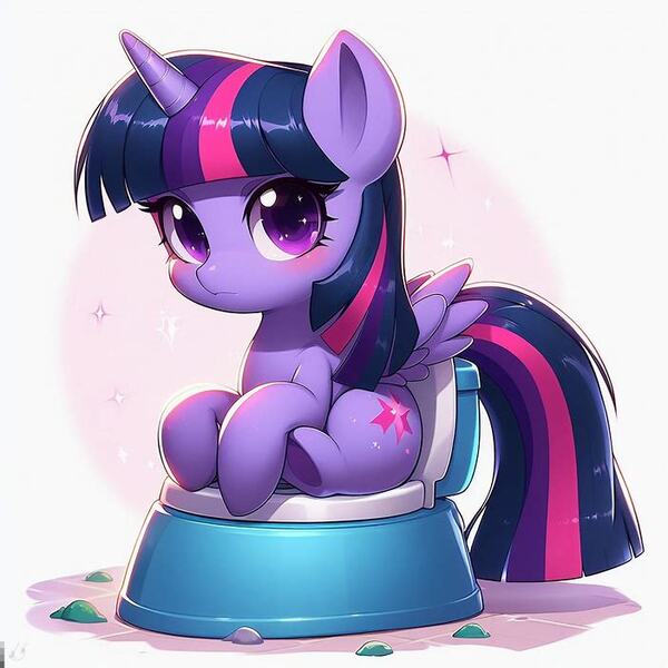 Size: 702x702 | Tagged: safe, ai content, derpibooru import, machine learning generated, twilight sparkle, twilight sparkle (alicorn), alicorn, pony, blushing, female, filly, foal, image, jpeg, potty, potty training, solo, toilet