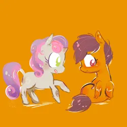 Size: 2000x2000 | Tagged: safe, artist:puffpink, derpibooru import, scootaloo, sweetie belle, female, image, lesbian, orange background, png, ship:scootabelle, shipping, simple background