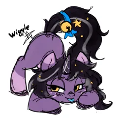 Size: 844x818 | Tagged: suggestive, artist:soulcentinel, ponerpics import, oc, unofficial characters only, pony, unicorn, bedroom eyes, bell, blue tongue, cat bell, doodle, face down ass up, female, filly, image, png, simple background, solo, white background, wiggle